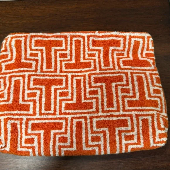 Tory Burch Orange and White T Patterned Cosmetic Bag Clutch NWT - Picture 2 of 9